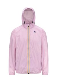 Veste coupe-vent rose clair avec capuche, fermeture éclair avant, bande d'accent noir et jaune, et un petit logo sur la poitrine.