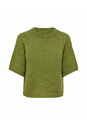 Chunky olive green knitted sweater with short sleeves and a ribbed crew neckline, displayed on a white background.