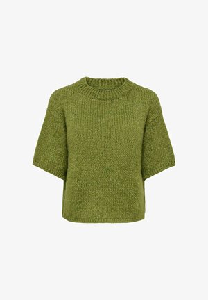 Chunky olive green knitted sweater with short sleeves and a ribbed crew neckline, displayed on a white background.