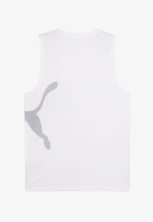 Fehér, ujjatlan sport trikó, melynek hátulján nagy, szürke, pontozott logó látható. Simogatós, könnyű anyag, klasszikus szabás.