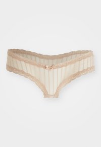 Beige kantondergoed heeft een golvende rand, doorschijnende gestreepte panelen en een klein strikdetail aan de voorkant.