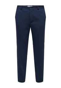 Jūras zilas šūtas bikses, kas izgatavotas no gludas auduma, ar taisnu priekšpusi, jostu cilpām un sānu kabatām. Slim fit dizains ar tīru siluetu.