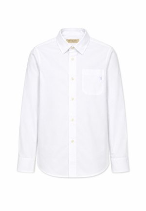 Camicia bianca a maniche lunghe con bottoni, colletto appuntito e taschino sul petto con logo ricamato discreto.