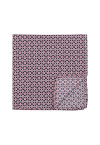 Textile scarf featuring a geometric pattern in red, navy, and light blue, with a smooth texture and contrasting patterned corner detail.