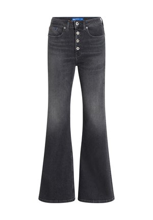 Keerduvad mustad denim teksad kõrge vöökoht, viie nupuga kinnitis ja eesmine tasku. Omab kerget kulumist ja siledat tekstuuri.