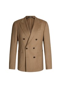 Brauner doppeltgeknöpfter Blazer mit Reverskragen, aus strukturiertem Stoff gefertigt. Verfügt über zwei vordere Taschen und dunkle Knöpfe zum Schließen.