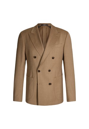 Bruine dubbelzijdige blazer met kentkraag, gemaakt van een gestructureerde stof. Bevat twee voorkruiden en donkere knopen voor sluiting.