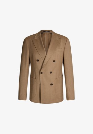 Brauner doppeltgeknöpfter Blazer mit Reverskragen, aus strukturiertem Stoff gefertigt. Verfügt über zwei vordere Taschen und dunkle Knöpfe zum Schließen.