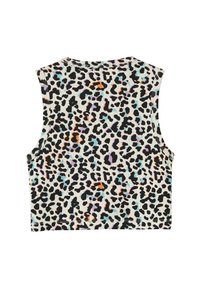 Ärmelloses, tailliertes Oberteil mit gerippter Textur. Verfügt über einen mehrfarbigen Leopardenprint in Schwarz, Orange, Lila und Blau auf einem cremefarbenen Hintergrund.