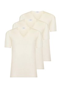 Tre t-shirt a maniche corte con scollatura a V di colore crema, caratterizzate da una texture liscia e un design semplice e aderente.