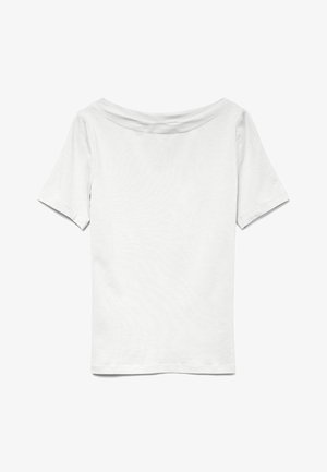 Valge lühikeste varrukatega T-särk laia kaelusega ja lõdva istuvusega. Valmistatud pehmest puuvillakangast, millel on sile tekstuur ja lihtne disain.