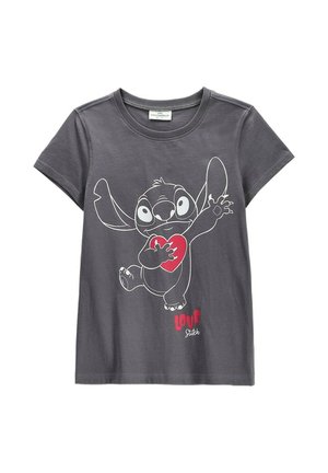 Ciemnoszara koszulka z krótkim rękawem z białym konturem Stitch trzymającego czerwone serce oraz tekstem "LOVE Stitch" pod postacią.