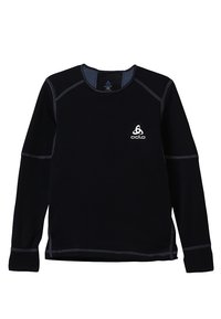 Zwarte longsleeve shirt van zacht stof, met contrasterende grijze stiksels en een klein wit logo op de voorkant. Ronde hals.