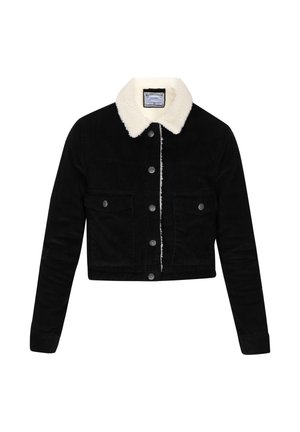 Giacca cropped in corduroy nera con colletto in finta pelliccia bianca, chiusura frontale con bottoni e due tasche sul petto con dettagli in metallo.