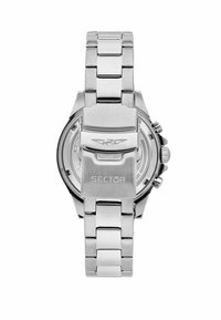 Orologio in acciaio inossidabile argentato con bracciale a maglie, cassa rotonda e chiusura. Sul retro è riportato il nome del marchio "SECTOR" e altre informazioni.