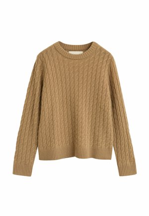 Breigoed in lichtbeige met een gestructureerd kabelpatroon, ronde halslijn en geribbelde zoom en manchetten. Klassiek, casual ontwerp.