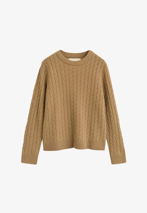 Breigoed in lichtbeige met een gestructureerd kabelpatroon, ronde halslijn en geribbelde zoom en manchetten. Klassiek, casual ontwerp.