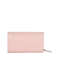 Rosa læderpung med et minimalistisk design, der har en lynlåslukning og præget brandlogo på forsiden. Glat tekstur.