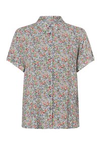 Blusa a maniche corte floreale con sfondo blu, decorata con fiori rosa, rossi e verdi; chiusura frontale con bottoni e colletto classico.