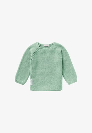 Hellgrüner Strickpullover mit langen Ärmeln, rundem Ausschnitt und seitlichen Knöpfen. Verfügt über ein strukturiertes Muster und ein kleines Markenlabel.