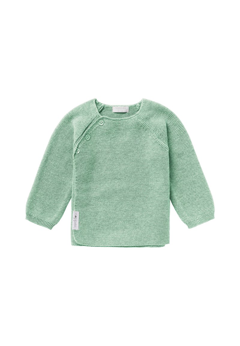 Pull en tricot vert clair à manches longues, avec un col rond et des boutons sur les côtés. Il présente un motif texturé et une petite étiquette de marque.