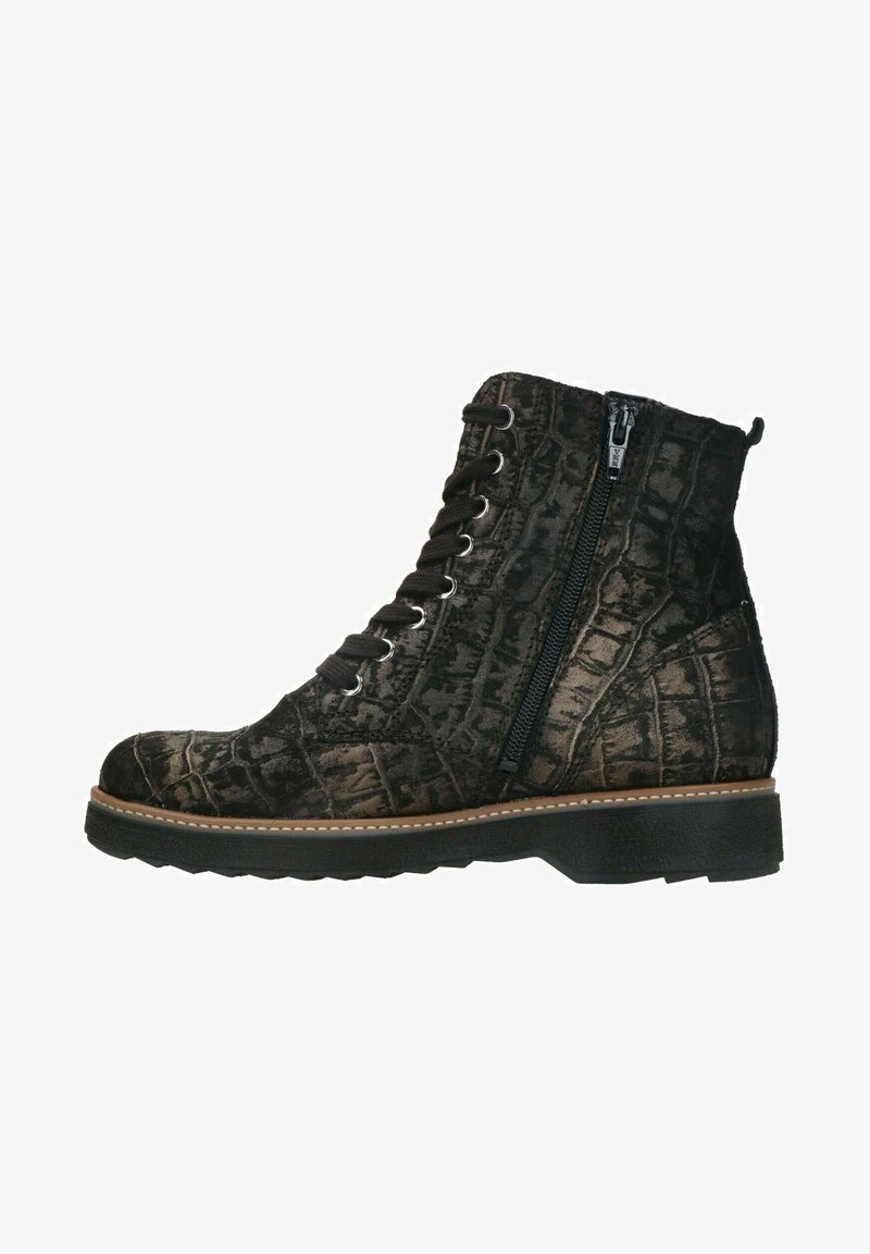 Bottine texturée noire et marron avec lacets à l'avant, fermeture éclair latérale, et semelle épaisse avec détail de couture marron clair.