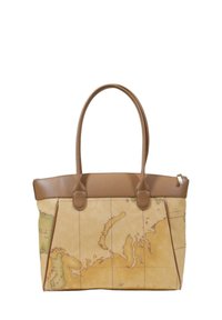 Borsa a mano beige con design di una mappa del mondo vintage, dettagli in finta pelle marrone, manici doppi e chiusura superiore con zip.