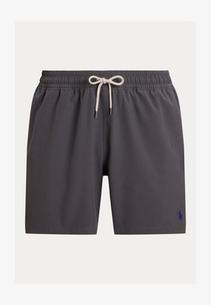 Sive kupaće hlače od laganog materijala, s elastičnim pojasom i vezicom za vezanje te malim plavim izvezenim logotipom.