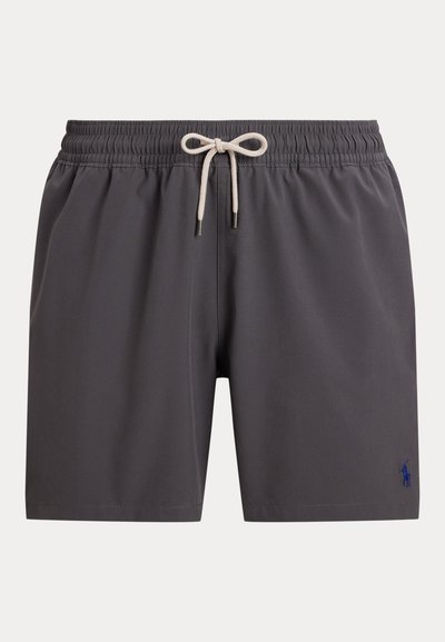 Pilkos mėginių plaukimo šortai, pagaminti iš lengvos medžiagos, su elastine juosmens juosta ir raišteliu, bei mažyliu mėlynu išsiuvinėtu logotipu.