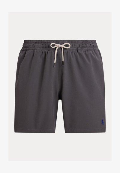 Pilkos mėginių plaukimo šortai, pagaminti iš lengvos medžiagos, su elastine juosmens juosta ir raišteliu, bei mažyliu mėlynu išsiuvinėtu logotipu.