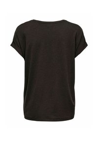 Dunkelbraunes T-Shirt mit kurzen Ärmeln, aufgerollten Bündchen, Rundhalsausschnitt und lockerem Sitz, von hinten auf weißem Hintergrund gezeigt.