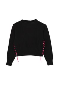 Maglione corto nero con orlo a coste. Presenta un vivace laccio rosa sui lati e un semplice scollo rotondo. Texture in maglia morbida.