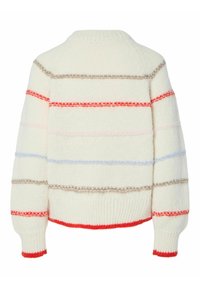 Kreklu adīts džemperis krēmkrāsā ar daudzkrāsainām horizontālām svītrām. Tam ir apaļa kakla līnija, ribotas aproces un apakšmala ar sarkanu akcentu. Mīksta tekstūra.