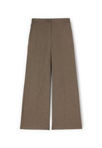 Pantaloni marroni a gamba larga con motivo, realizzati in tessuto strutturato, con chiusura a bottone in vita e senza tasche visibili.