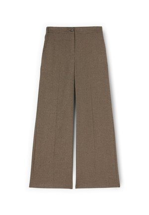 Luźne spodnie o szerokich nogawkach w brązowy wzór, wykonane z teksturowanej tkaniny, z zapięciem na guzik w pasie i bez widocznych kieszeni.