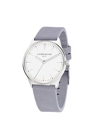 Silberfarbene Uhr mit einem weißen Zifferblatt und minimalistischen schwarzen Linienmarkierungen, ausgestattet mit einem hellgrauen Wildlederarmband und einer einfachen Dornschließe.