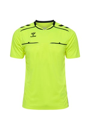 Jasnożółta sportowa koszulka z czarnymi akcentami. Posiada okrągły dekolt, krótkie rękawy oraz teksturowany wzór z przodu. Logo na klatce piersiowej.