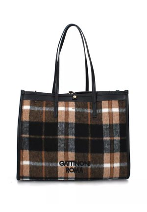 Borsa tote grande a quadri in una miscela di lana marrone, nera e grigia con dettagli in pelle nera e due manici. Presenta una chiusura con zip e logo.