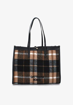 Borsa tote grande a quadri in una miscela di lana marrone, nera e grigia con dettagli in pelle nera e due manici. Presenta una chiusura con zip e logo.