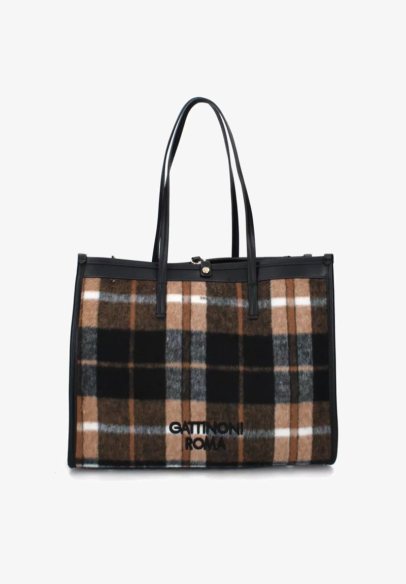 Borsa tote grande a quadri in una miscela di lana marrone, nera e grigia con dettagli in pelle nera e due manici. Presenta una chiusura con zip e logo.