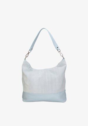 Lichtblauwe leren schoudertas met brede band en zachte, licht ingevallen vorm, voorzien van accenten van zilverkleurige sluitingen.
