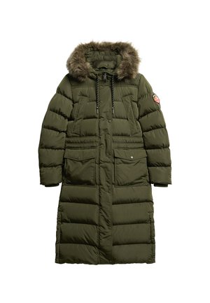 Olive green puffer coat with a fur-lined hood, two large front pockets, elastic drawstrings, and quilted pattern throughout.