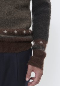 Primer plano de un brazo y torso que llevan un suéter de felpa con patrones de diamantes en marrón, gris y blanco, y pantalones azul oscuro.