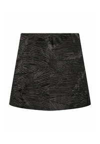 Svart, texturerad kjol med en plisserad design som har ett bladmönster, som visar en slät yta och en strukturerad form.