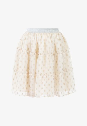 Réteges, térd fölötti szoknya áttetsző krém szövetből, arany virágmintás hímzéssel és csillogó ezüst elasztikus derékpánttal.