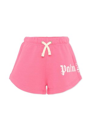 Roze katoenen shorts met elastische tailleband en witte trekkoord, met gedeeltelijke witte tekst "Palm" aan de rechtervoorzijde.