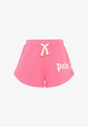 Shorts en coton rose avec une taille élastique et un cordon blanc, arborant un texte partiel blanc "Palm" sur le côté avant droit.