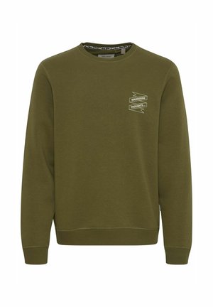 Olivengrøn sweatshirt, lavet af bomuld, har en rund halsudskæring, ribbede manchetter og kant, med en lille hvid grafisk tekst detalje på fronten.