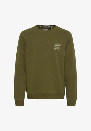Sweatshirt vert olive, en coton, avec un col rond, des poignets et un ourlet côtelés, et un petit détail graphique blanc à l'avant.