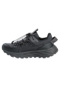 Scarpa sportiva nera con una tomaia in mesh testurizzato, lacci elasticizzati e una suola in gomma spessa e maculata per una migliore aderenza. Presenta un gancio per il sollevamento.